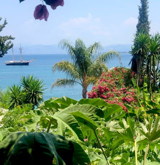 Blick durch einen exotischen Garten aufs Meer der Insel Korfu